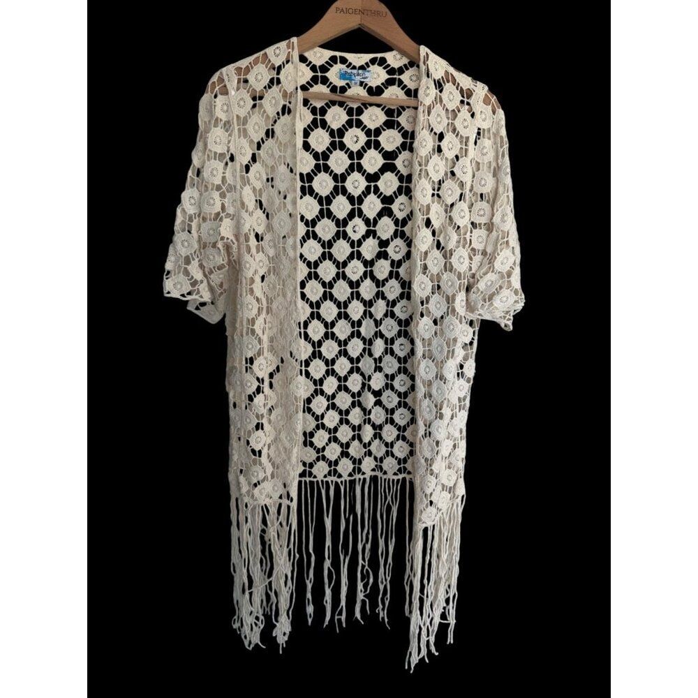 Rebellion M Ivory Crochet Cardigan Cotton Fringe Festival Boho Hippie